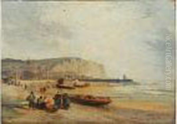  La Plage Animee Au Treport  by Jules Achille-Noel