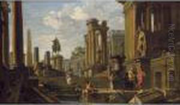 A Capriccio Of Classical Ruins 
With The Obelisk Of Augustus And The Statue Of Marcus Aurelius by Giovanni Niccolo Servandoni