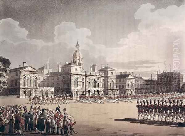 Mounting Guard at St. Jamess Park, engraved by J. Bluck, pub. 1809 by Ackermanns Repository of Arts by T. Rowlandson & A.C. Pugin