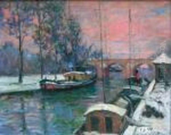 Peniches Sur La Seine by Elie Anatole Pavil