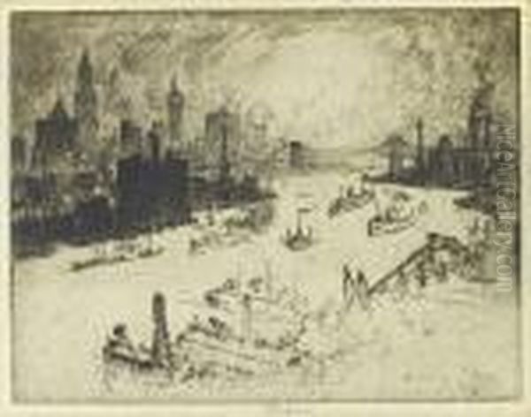 Sunset, From Williamsburg Bridge. - Steam And Power. - The Trains by Joseph Pennell