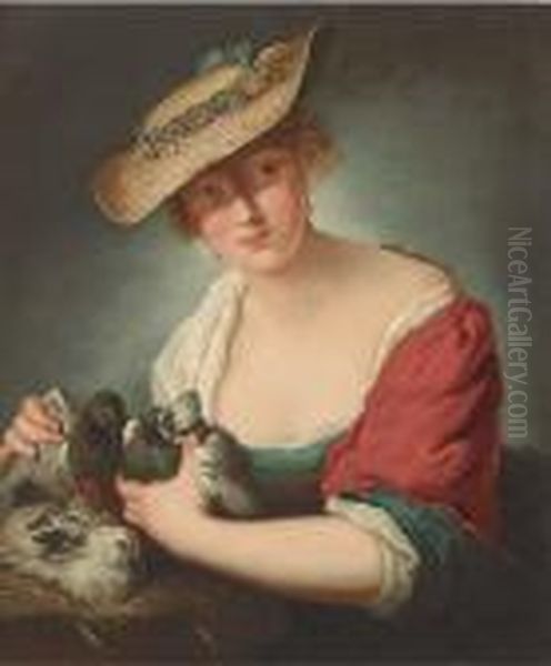 A Girl Holding Pigeons by Antoine Pesne