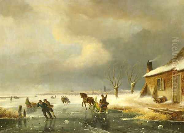 Skaters on a frozen waterway, a town in the distance by Nicolaas Johannes Roosenboom