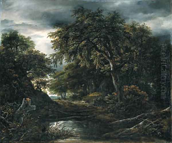 A wooded landscape in stormy weather with a pool, a peasant and a dog on a track by (follower of) Ruisdael, Jacob I. van