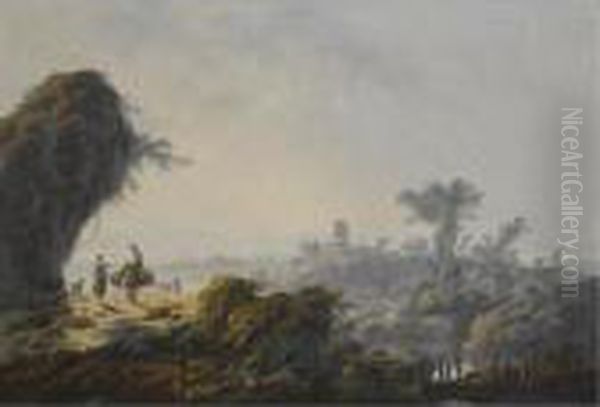 An Extensive Fluvial Landscape With Herders And Their Flock On A Path by Jean-Baptiste Pillement