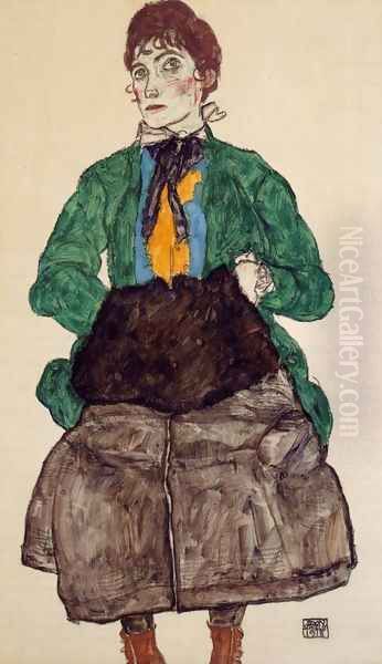 Woman In A Green Blouse And Muff by Egon Schiele