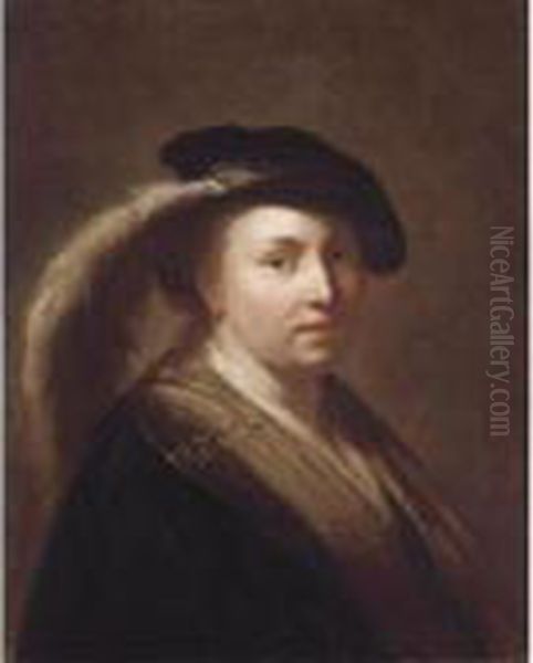 Portrait Of A Young Girl, Head And Shoulders, Wearing A Feathered Cap by Rembrandt Van Rijn