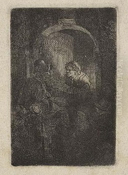 Woman At A Door Hatch Talking To A Man And Children by Rembrandt Van Rijn