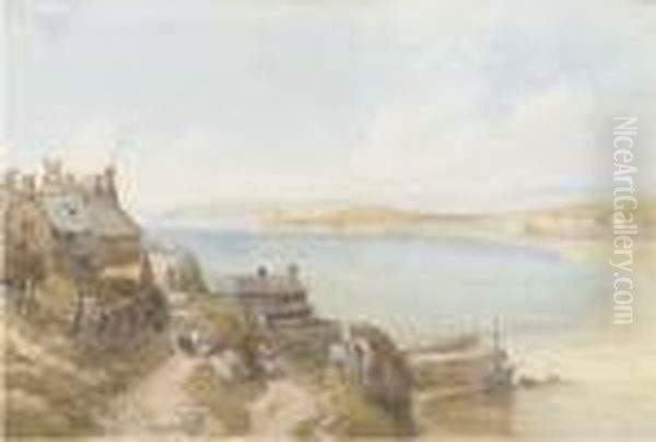 Figures On A Coastal Path, With Boats In The Bay Beyond by Thomas Miles Richardson