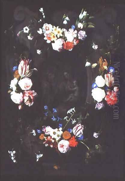 A Wreath of Flowers encircling a Painted Relief of the Madonna and Child with St. Anne by Daniel Seghers