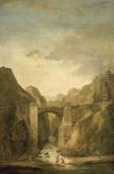 Une Cascade Avec Des Personnages Traversant Une Riviere Et D'autres Sur Un Pont by Hubert Robert