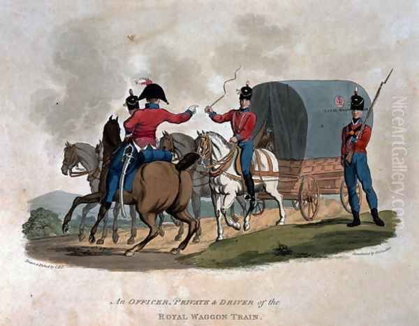 An Officer, Private, and Driver of the Royal Waggon Train, from Costumes of the Army of the British Empire, according to the last regulations 1812, engraved by J.C. Stadler, published by Colnaghi and Co. 1812-15 by Charles Hamilton Smith