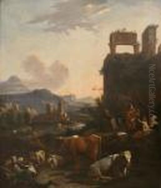 Italianate Pastoral Landscape At Sunset With A Peasant Family Oil On Canvas 112 X 95cm by Johan Heinrich Roos