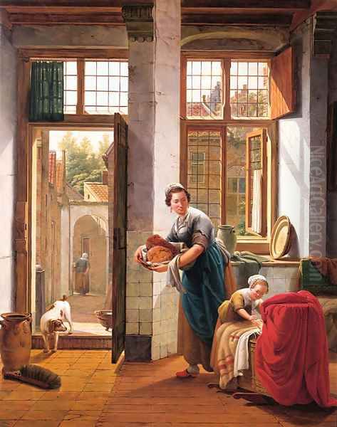 A mother with her children in the hall of a town house by Abraham van, I Strij