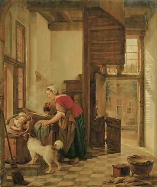 An interior with a child seated in a high chair teasing a dog, a servant washing by the window behind her by Abraham van, I Strij