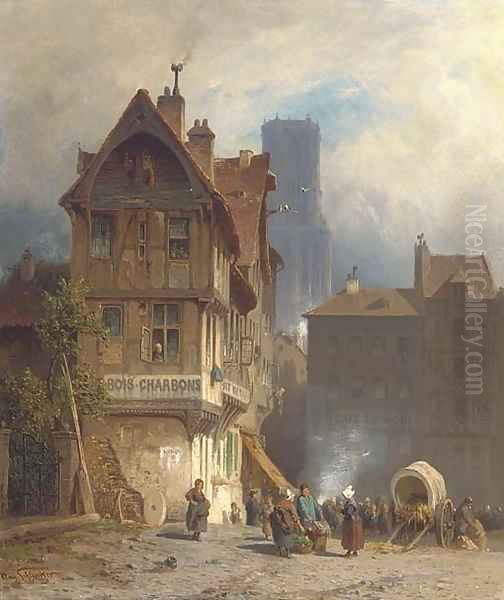 A bustling marketplace, Rouen by August Schliecker