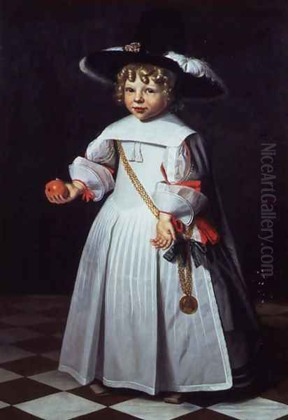 Portrait of a young child holding an orange by Dirck Dircksz. Santvoort