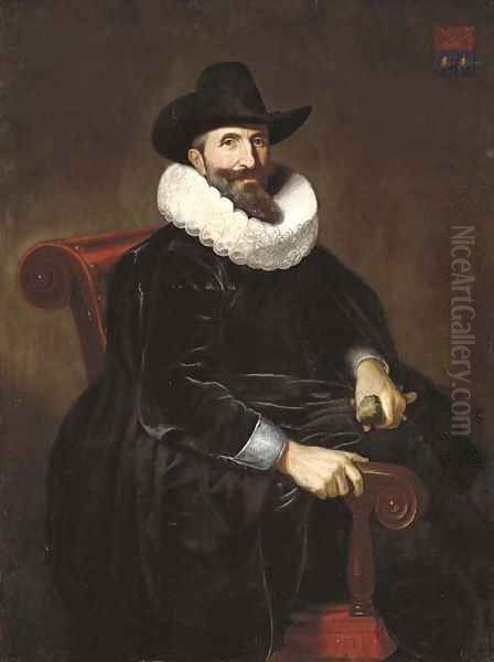 Portrait of Elias van Cuelen (c. 1585-c. 1652), seated, three-quarter-length, in a black velvet doublet with a white lace ruff and a black hat by Dirck Dircksz. Santvoort