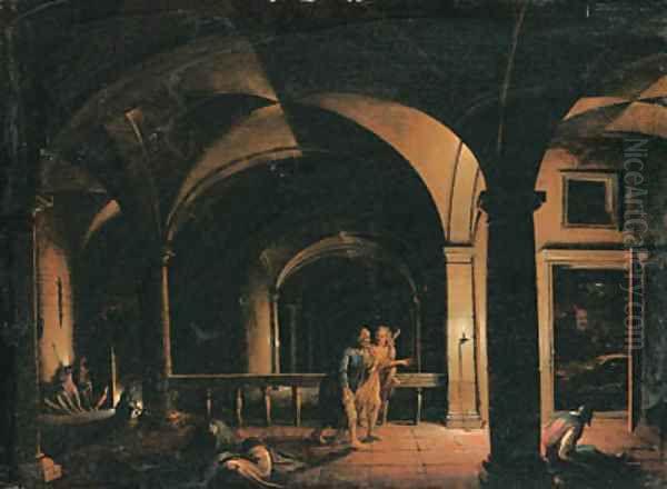 The Interior of a Crypt with the Liberation of Saint Peter, an open door leading to a moonlit landscape beyond by Hendrik van Steenwyck