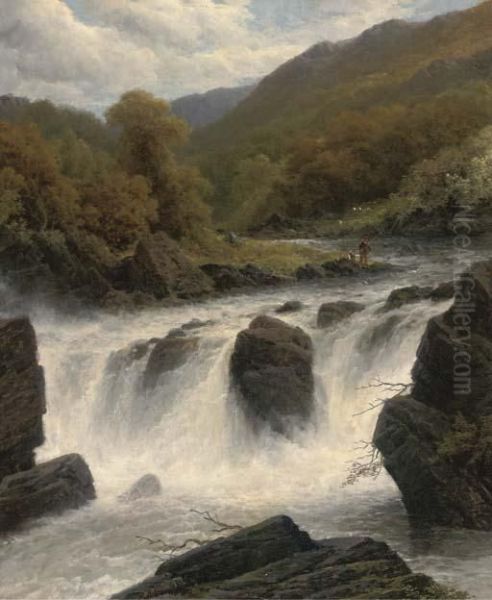 Anglers By A Waterfall by James Burrell-Smith