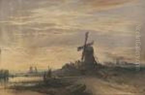 Coastal Scene At Sunset With Windmill by Edward Robert Smythe