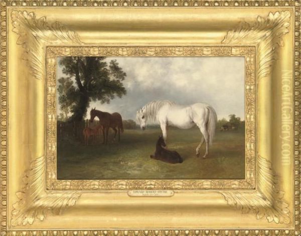 Mares And Foals Resting Beside A Tree by Edward Robert Smythe