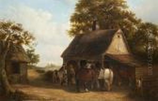 Figures In Conversation, A Donkey And Plough Horses Before A Stable by Thomas Smythe