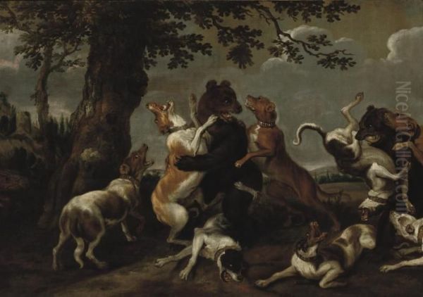 Hounds Fighting Bears In A Wooded Landscape by Frans Snyders