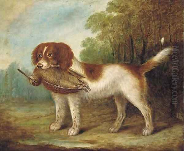 A spaniel with a woodcock by English School