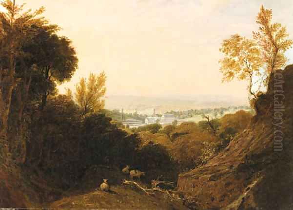 A wooded Landscape with Mills in the distance by English School