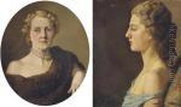 Portrait Of A Woman In A Blue Dress; And Portrait Of A Lady With A Pearl Necklace by Konstantin Andreevic Somov