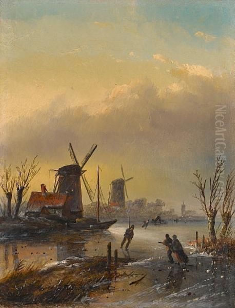 Figures On A Dutch Frozen Waterway by Jan Jacob Coenraad Spohler