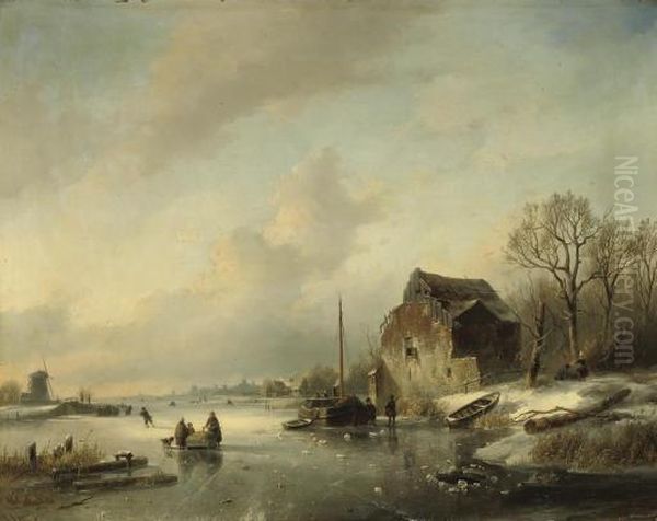 Activities On The Ice With A City In The Distance by Jan Jacob Coenraad Spohler