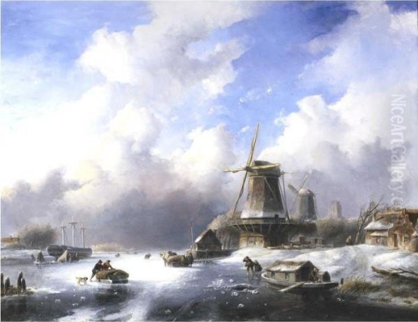 A Frozen Winter Landscape With Windmills by Jan Jacob Coenraad Spohler