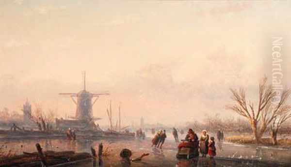 A Winter Landscape With Skaters And Horse-drawn Sledge By Windmillon Frozen River by Jan Jacob Coenraad Spohler