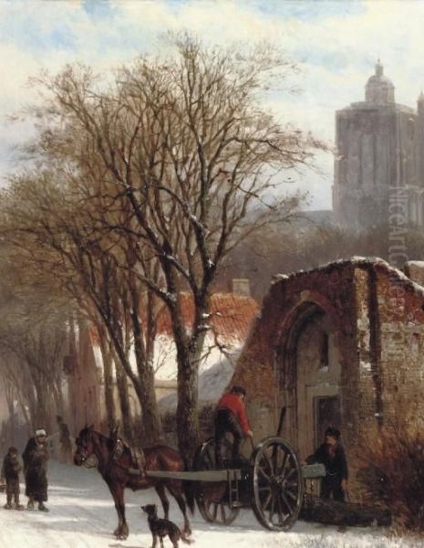 Brielle In Winter: Unloading The 'malle Jan' by Cornelis Springer