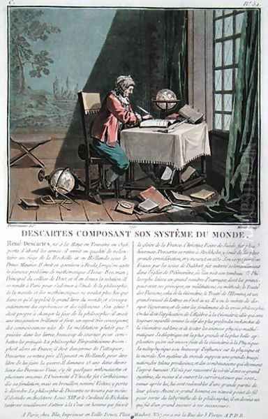 Rene Descartes 1596-1650 writing his world system, engraved by Jean Baptiste Morret fl.1790-1820, 1791 by Jacques Francois Joseph Swebach