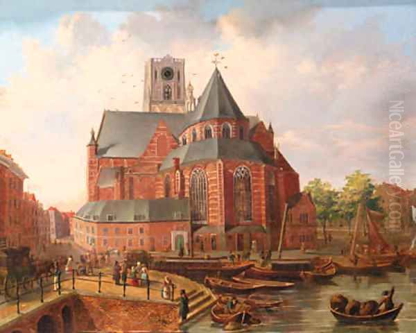 A view of Rotterdam with townsfolk gathered on a quay by a church by Dutch School