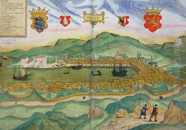 Map of Bergen, from Civitates Orbis Terrarum by Georg Brau 1541-1622 and Franz Hogenberg 1535-90 c.1571-1600 by Hieronymous Scholeus