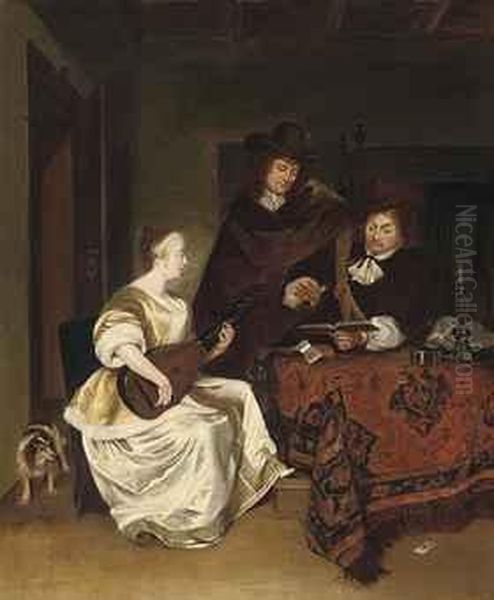 A Woman Playing A Theorbo To Two Men by Gerard Terborch