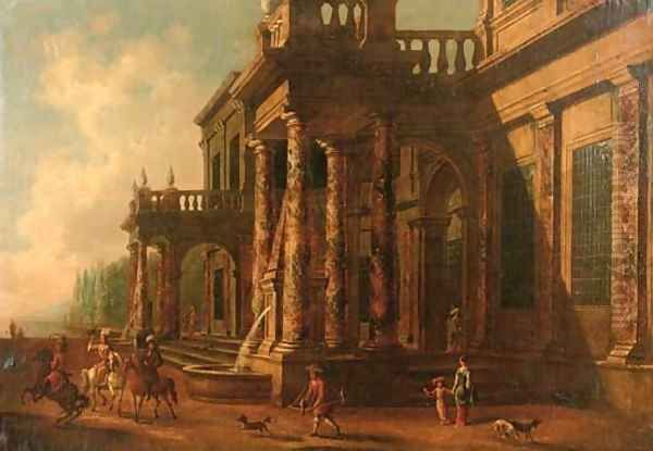 A classical villa with elegant figures on a falconry hunt by Jacobus Saeys