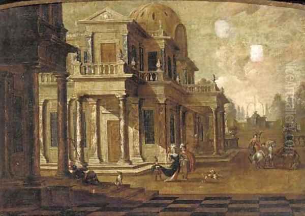 A capriccio of a classical palace with elegant company and falconers by Jacobus Saeys