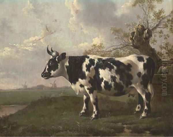 A pastoral landscape with a cow by a pollard willow by Abraham van, I Strij