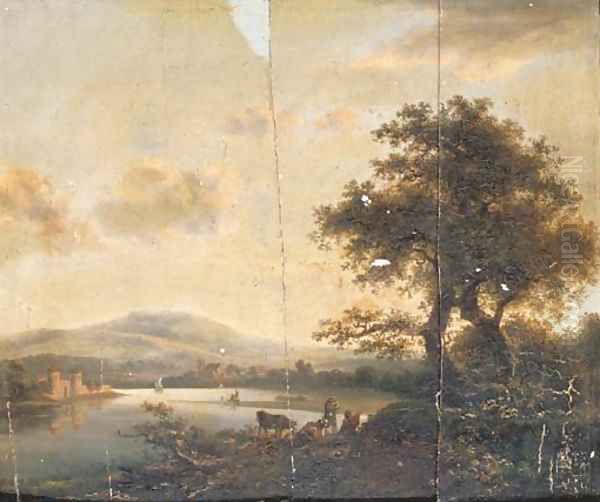 A river landscape with herdsmen, a castle on the far shore by Abraham van, I Strij