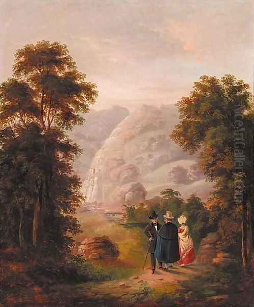 Figures before a waterfall in a mountainous landscape by Irish School