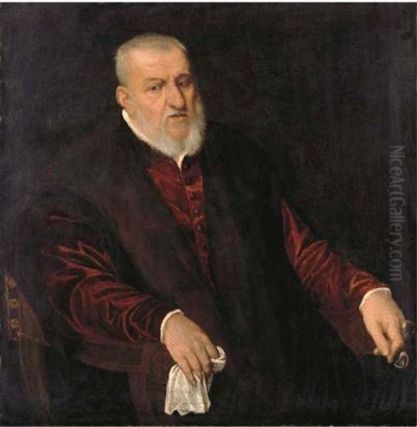 Portrait Of A Bearded Gentleman, Seated, Three-quarter-length, In A Red Velvet Doublet by Jacopo Robusti, II Tintoretto