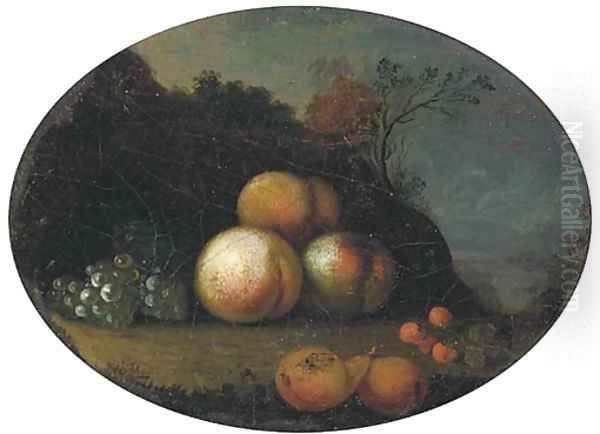 Peaches, grapes, pears and cherries in a wooded clearing Oil Painting - Tobias Stranover