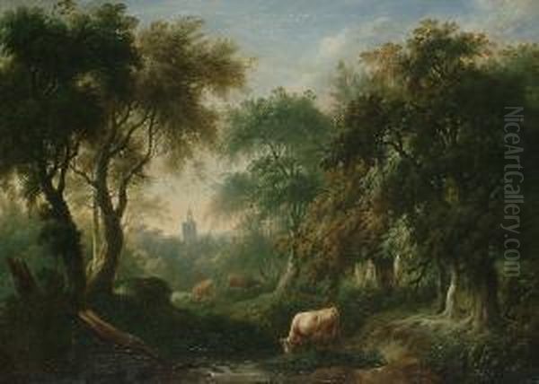 Cattle Watering In A Wooded Landscape, Before A Tower by Charles Towne