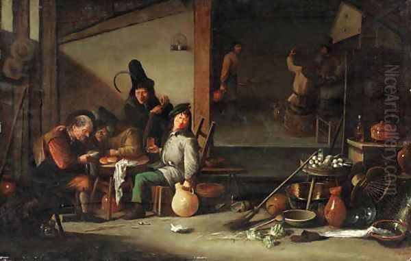 The interior of a tavern with peasants drinking around a table and by a fire by Cornelis Saftleven