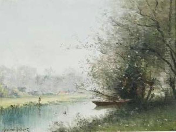 Peaceful River Scene With Fisherman And Punt by Paul Trouillebert